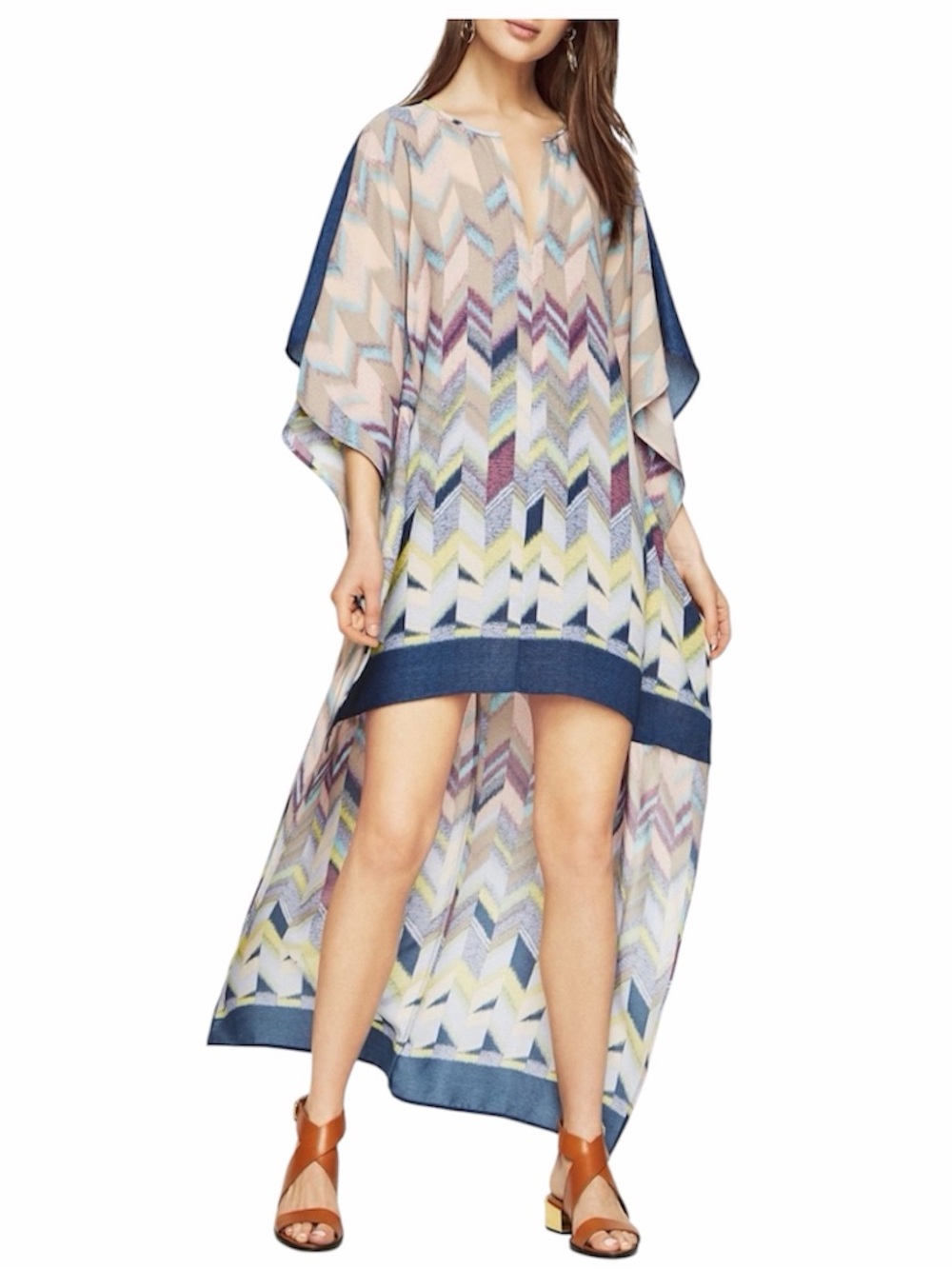 BCBG MaxAzria Cristen Ikat Chevron  Multicolor Kaftan Poncho Dress w Blue XS S